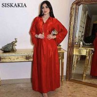 Wholesale Siskakia Dubai Hooded Abaya Dress for Women France Velvet Ribbon Long Sleeve Moroccan Turkish Arabic Muslim Clothes Red New