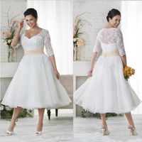 Wholesale Vintage Lace Appliques Plus Size Bohemian Wedding Dresses With Sheer Half Sleeves V Neck Tea Length A Line Beach Bridal Gowns