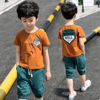 Wholesale Children s Summer Suit Active Style Boy Suit Short sleeved Shorts Suit Gray Orange Cotton Clothes Kids Round Neck Casual Wear X0509
