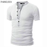 Wholesale White Henley T Shirt Men Summer Mens V Neck Short Sleeve Tee Shirt Homme Casual Slim Fit Button Design Mens T shirts XXL