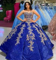 Wholesale Gorgeous Shinny Quinceanera Dresses Blue Seuqins Skirt Vintage Golden Appliqued Puff Ball Gown Girls Prom Gowns Birthday Party Dress Princess