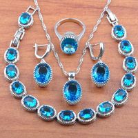 Wholesale Earrings Necklace Wedding Jewelry Set Oval Sky Blue Cubic Zirconia Silver Color For Women Russian Style Pendant Rings Bracelet JS0191