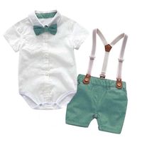 Wholesale Clothing Sets Born Baby Boy Bow Outfit Set Formal Gentleman Suit For Summer Clothes Tie White Romper Green Shorts Infant Jumpsuits