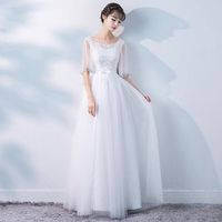 Wholesale White Sweet Dreamy Mesh Pleated Dresses Women Elegant O Neck Long Formal Party Dress Exquisite Sequins Trim Banquet Gown Ethnic Clothing