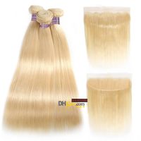 Wholesale Ishow Brazilian Hair Straight Human Hair Bundles Extensions with Lace Frontal Closure Blonde Color Weft Weave for Women All Ages