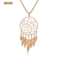 Wholesale Ethnic Big Gold Round Pendant Necklace For Women Elegant Color Crystal Hollow Dreamcatcher Feather Long Sweater Chain Necklaces