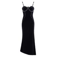 Wholesale Casual Dresses Spaghetti Straps Bare Back Pearl Beaded Black Velvet Tight Bodycon Long Maxi Party Dress