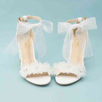 Wholesale Dress Shoes womem sandals white wedding shoes summer elegant Lace Bowknot one word wristband flower cross with bare toe thick heel