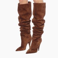 Wholesale Boots Pleated Solid Color Pointed Thin Heels Women Knee high Big Size Fashion Ladies Shoes Zapatos De Mujer
