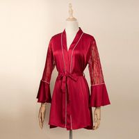 Wholesale Women s Sleepwear Satin Red Robe Sexy Lace Kimono Gown Summer Hollow Out Bathrobe Female Silky Home Wear Intimate Lingerie