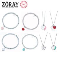Wholesale tiff sterling silver round beads love heart ladies high end bracelet necklace set blue heart shaped with original logo