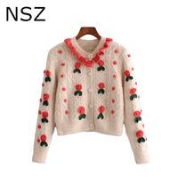 Wholesale NSZ Women Floral Embroidery Ruffles Warm Autumn Winter Knitted Sweater Cardigan Crop Top Knitwear Knit Chunky Jacket Coat Jumper