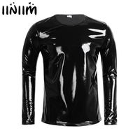 Wholesale iiniim Black Mens Patent Leather Latex Long Sleeve Zipper T shirt Nightclub Metallic Shiny Hip Hop Pullover T Shirt Costume Top