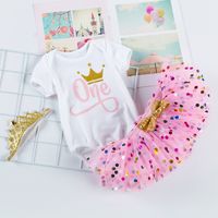 Wholesale 3pc Tutu Dress Suit Baby Birthday Letter Lovely Khaki Dot Princess Skirt Romper Crown Headwear Baby Clothing fk K2