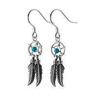 Wholesale Vintage Dream Catcher Earring for Women Sterling Silver Blue Bead Feather Tassel Earrings Bohemian Female Jewelry