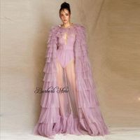 Wholesale Modest Lavender Tulle Formal Event Dress With Long Ruffles Tiered Cape Sexy See Thru Party Dresses Summer Pretty Bridal Gowns Casual