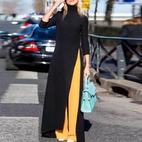 Wholesale Women Fashion Plus Size Maxi Dress Asymmetrical Western Style Turtleneck Pullover Stretchy Black Knitting Oversize Long Dress1