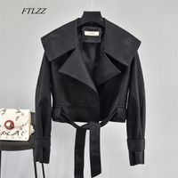 Wholesale FTLZZ Autumn Women Pu Leather Jackets Short Coat Turndown Collar Belt Lace up Motorcycle Black Punk Red Overcoat Female Outwear