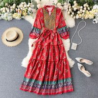 Wholesale Elegant Dress Retro National Color Matching Printed Bubble Sleeve Holiday Vestidos Fashion Comfort Dresses For Women Plus Size Casual
