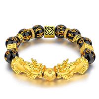 Wholesale Gold Plated Black Buddha Beads Bracelet Lucky Money Feng Shui Pixiu Mani Mantra Black Obsidian Wealth Bracelet