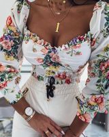 Wholesale Women s T Shirt Crop Top Elegant Long Puff Sleeve Square Neck Ruffle Trim Floral Print Summer Corset Streetwear
