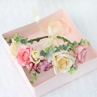 Wholesale Girls simulation flowers crown wreath boutique stereo pink rose headbands child lace ribbon Bows princess hair accessories A6574