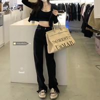 Wholesale Women s Pants Capris Black Split Jeans Female Spring And Autumn Small Man Micro Flared Straight Tube Thin High Waist Wide Leg Mops