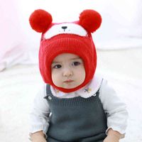 Wholesale baby Knitted child neck ear flap Integrated warm beanie hat with pom dog patent kids winter fashion cap