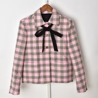 Wholesale 2022 Spring Long Sleeves Lapel Neck Pink Jacket French Style Plaid Ribbon Tie Bowknot Pockets Single Breasted Jackets Short Outwear Coats O277150