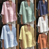 Wholesale Women s Blouses Shirts CANTONEE Half Sleeve Plus Size XL Womens V Neck Casual Thin Cool Female Tunic Cotton Linen Tops And T21