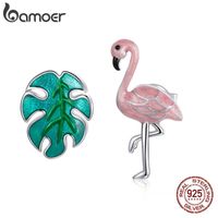 Wholesale Silver Flamingo and Leaf Earrings Sterling Silver Forest Fresh Stud Earring for Girl fashion Jewelry SCE1124