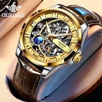 Wholesale Wristwatches OUPINKE Top Luxury Skeleton Design Automatic Mechanical Watches For Men Leather Strap Sapphire Mirror Sport Male Wristwatch