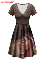 Wholesale 2021 Summer Dresses Whereisart African Women Afro Girls Printed Boho Style Ladies Casual Midi Dress Black Art Design V neck Sundress Sukienka