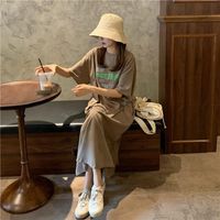 Wholesale Casual Dresses Women s Korean Round Neck Short Sleeve Loose Wild Print Mid Length T Shirt Dress Khaki One Size