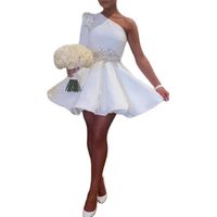 Wholesale White One Shoulder Cocktail Party Dresses Appliques Sequins Short Prom Dress Long Sleeves Satin Vestido de festa Party Gowns