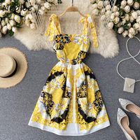 Wholesale Neploe Vintage Court Style Print Dress Women Square Collar Clavicle Exposed Sexy Sleeveless Camis Vestidos High Waist Hip Robe Casual Dresse