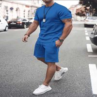 Wholesale Men s Tracksuits Beach Two Pieces Set Shortwear Round Neck Summer Solid Color Cotton Shorts Loose Fashion Running Leisure Track Suit