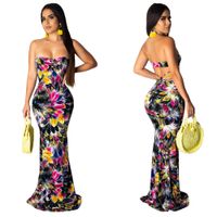 Wholesale Star Model New Fashion Women s Sexy Bra Printing Fishtail Long Skirt with Bare Back Crossover Dress