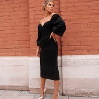 Wholesale Cocktail party small dress bateau for women slim body narrow waist V neck court style sexy bubble sleeve little black skirt