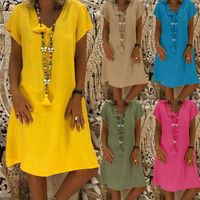 Wholesale Women s Summer Casual Short Sleeve Evening Party Dresses Plus Size Cotton Linen Solid Color Loose V neck Beach Dress