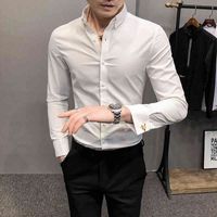 Wholesale t shirts Big Size xl m Spring Men Long Sleeve Shirt Simple Cufflinks Thin Decoration Casual Fit Blouse Formal Wear Asbf
