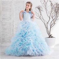 Wholesale Girl s Dresses Sky Blue Princess Puffy Organza Lace Wedding Flower Girls Dress Ball Gowns Party Wears Pageant Gown