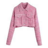 Wholesale Women s Jackets Cropped Jacket Women Fashion Fall Clothes Frayed Trim Check Tweed Lapel Long Sleeve Single Breasted Casual