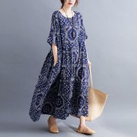 Wholesale Casual Dresses Spring Summer Smocked Maxi Dress Women Short Sleeve Retro Printing Vintage Loose Plus Size Clothing