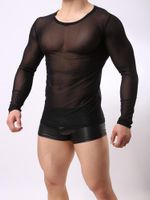 Wholesale Men s T Shirts Mens See through Mesh Muscle T shirt Long Sleeve Tee Tops Costume Nightclub Black Sexy