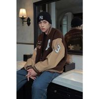 Wholesale Men s Jackets Retro Brown Puzzle Pu Leather Embroidery Plus Velvet Thick Woolen Jacket Casual Baseball Uniform With Drop Sleeves