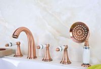 Wholesale Bathroom Sink Faucets Antique Red Copper Brass Deck Holes Bathtub Mixer Faucet Handheld Shower Widespread Set Basin Water Tap Atf207