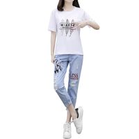 Wholesale European Style Summer Female Leaves Printed T Shirts Jeans Two Leisure Suit School Fashion Outfit Casual Women Women s Piece Pants