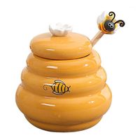 Wholesale Storage Bottles Jars Ceramic Beehive Honey Pot And Wooden Dipper Jar With Lid Stir Bar For Supplies Kitchen Accessories