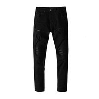 Wholesale Men s Jeans Mens jeans black skin stitching hole sanding European and American high street TXK2